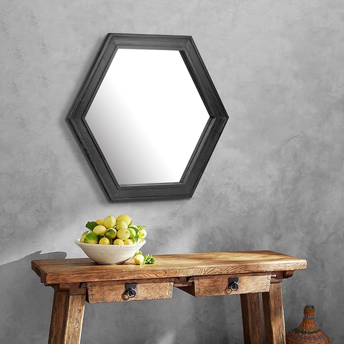 Stonebriar Decorative 24" Hexagon Wall Mirror with Black Wood Frame and Attached Hanging Bracket, Decorative Country Rustic Decor for the Living Room, Bedroom, Bathroom, Hallway, and Entryway