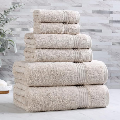 Superior Egyptian Cotton 6-Piece Towel Set, Assorted Towels for Home Bathroom, Master, Guest Bath, Decor Essentials, Includes 2 Bath, 2 Hand, 2 Face Towels/Washcloths, Quick Dry, Absorbent, Stone