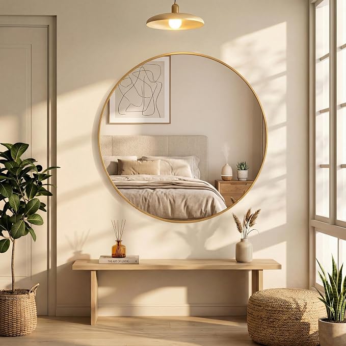 24 Inch Gold Round Bathroom Wall Mirror, Round Mirrors for Wall Decor, Circle Mirror for with HD Shatter-Proof Glass for Entryway, Living Room, Bedroom, Dressing Room, Home Decor