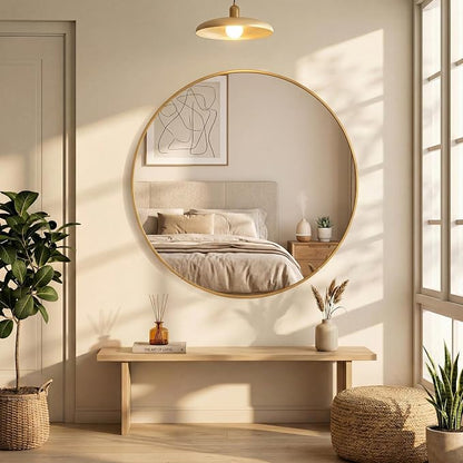 24 Inch Gold Round Bathroom Wall Mirror, Round Mirrors for Wall Decor, Circle Mirror for with HD Shatter-Proof Glass for Entryway, Living Room, Bedroom, Dressing Room, Home Decor