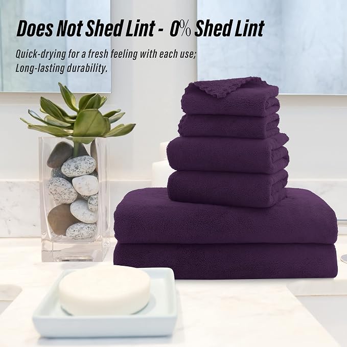 MOONQUEEN Ultra Soft Microfiber Coral Velvet Towel Set - Quick Drying - 2 Bath Towels, 2 Hand Towels, 2 Washcloths - Plum, 6 Pcs