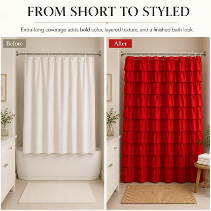 Red Ruffle Shower Curtain for Bathroom, 72x84, Christmas Bathroom Decor | Rich Red Ruffles, 84in, 12 Hooks Included, Machine Washable, Solid Soft Microfiber Fabric, Boho Textured Style,Holiday Accent