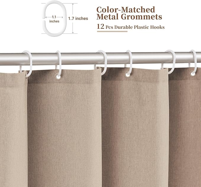 BTTN Extra Long Shower Curtain, 72x90 Boho Scalloped Linen Textured Heavy Duty Fabric Shower Curtain Set with 12 Hooks, Tall Rustic Farmhouse Country Waterproof Shower Curtains for Bathroom, Tan/Taupe