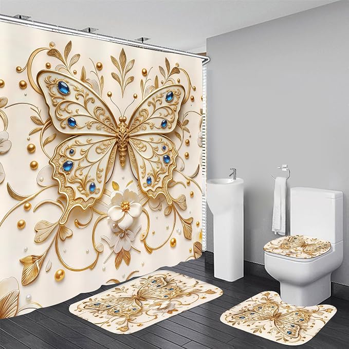 Chrainy 4pcs Golden Butterfly Shower Cutain Set Bathroom Decor Accessories | Waterproof Floral Bath Curtain for Bathroom Washroom 71*71 in with Non-Slip Rug, U-Shaped Mat, Toilet Lid Cover and 12 Hooks