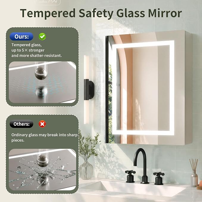 DeerValley LED Lighted Bathroom Medicine Cabinet with Mirror, 24''x30'' | Wall Mounted Mirror Cabinet with Socket, Dimmable Light, Anti-Fog, Adjustable Shelf, DV-1MC0499