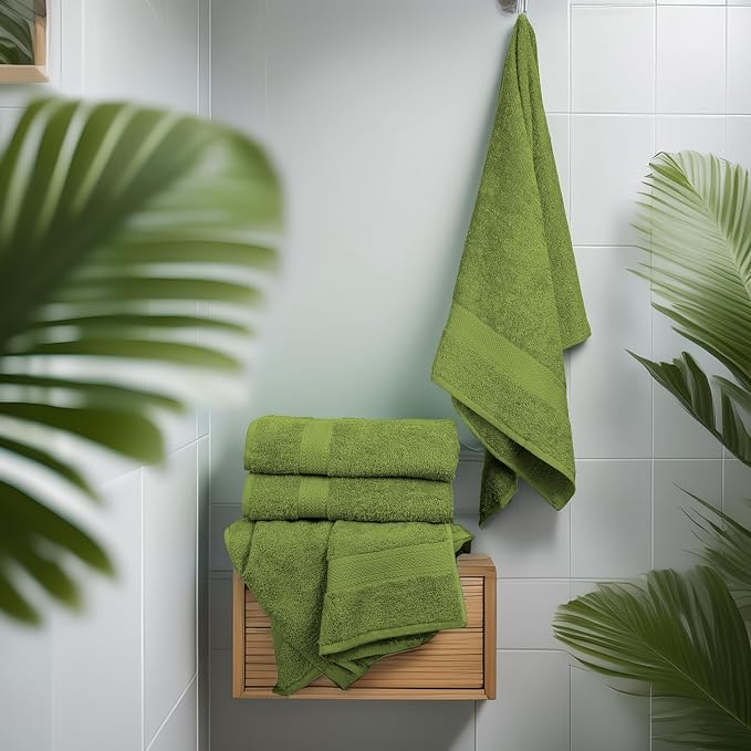 Medium Size Bath Towels Set of 6 – 100% Cotton Terry – 24" x 48" – Quick Dry, Soft & Highly Absorbent – Forest Green Towels for Bathroom, Gym, Spa, Pool & Daily Use
