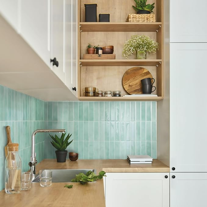 Smart Tiles Peel and Stick backsplash, Stacked Teal, 11.43"x9" | Pack of 5 (3.5 sq ft), Glossy, Heat/Moisture Resistant, Low VOC, Kitchen/Bathroom, Renter Friendly, Made in Canada