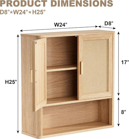 Rattan Bathroom Wall Cabinet with Open Compartments, Wall-Mounted Medicine Cabinet with Adjustable Wood Shelf & Doors, Over The Toilet Storage Cabinet for Laundry Room & Kitchen & Living Room