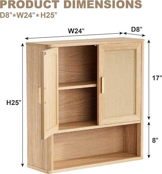 Rattan Bathroom Wall Cabinet with Open Compartments, Wall-Mounted Medicine Cabinet with Adjustable Wood Shelf & Doors, Over The Toilet Storage Cabinet for Laundry Room & Kitchen & Living Room