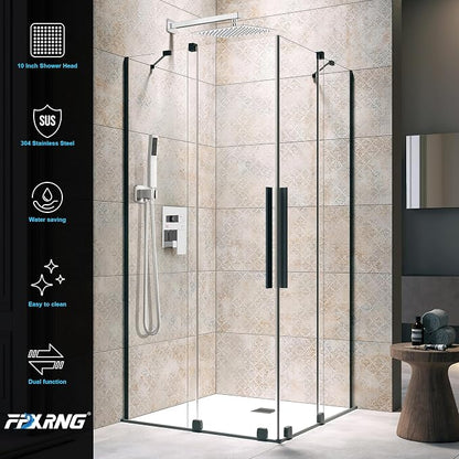 FPXRNG Shower Faucet Set Bathroom Square Rain Shower Head and Handle Set, Wall Mounted Shower Fixtures, Full Metal Trim Repair Kit 10 inch Polished Chrome (With Shower Valve)