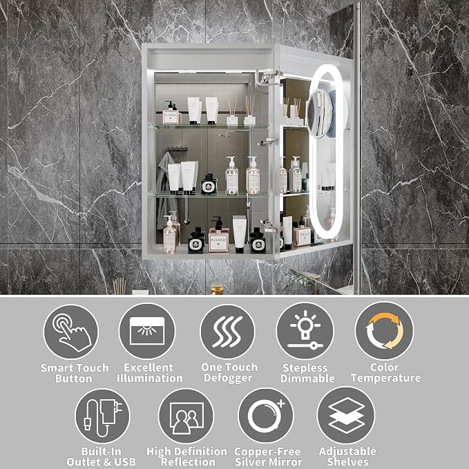 32x20 Lighted Medicine Cabinet with Mirror & Magnifier,LED Medicine Cabinet Mirror for Bathroom, Color Temp, Defogger, Front&Backlit, Built-in Outlets, Dimmable, Soft Close DTC Hinges, Right Opening