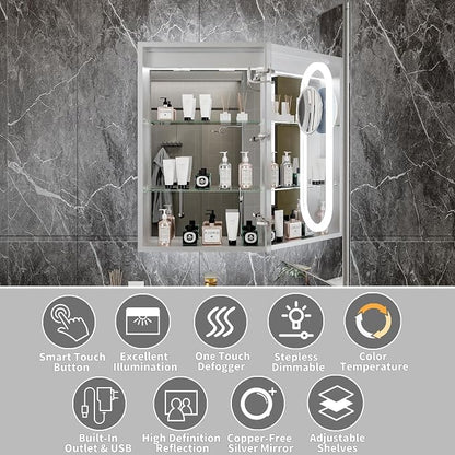 32x20 Lighted Medicine Cabinet with Mirror & Magnifier,LED Medicine Cabinet Mirror for Bathroom, Color Temp, Defogger, Front&Backlit, Built-in Outlets, Dimmable, Soft Close DTC Hinges, Right Opening