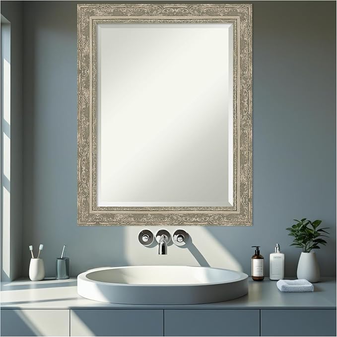 Amanti Art Silver Bathroom Mirror for Over Sink, 28x22 Filigree Silver Rectangle Vanity Mirror, Medium Traditional Frame, Hangs Horizonally and Vertically, Bathroom Wall Decor, Beveled Edge