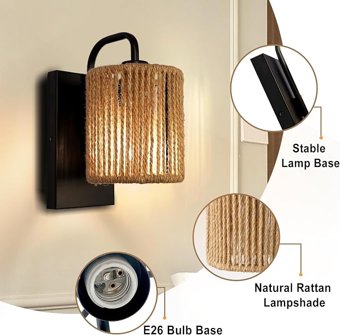 Boho Wall Sconce Rattan Wall Light Fixtures Hemp Rope Sconces | 10 inch Rattan Sconces for Bedroom Living Room Bathroom Hallway Rustic Bohemian Modern Woven Sconce E26