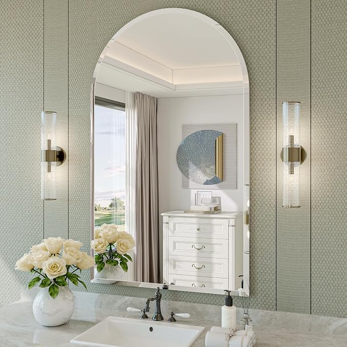 Frameless Bathroom Mirror, 24"x40" Beveled Arched Wall Mirrors | Frameless, 15mm beveled edge, 5mm HD glass, shatterproof, anti-rust, french cleat, for bathroom/bedroom/entryway