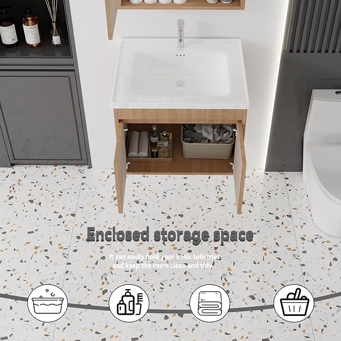 28'' Bathroom Vanity with Ceramic Sink Combo, Wall Mounted Small Bathroom Vanity with Soft-Close Door Modern Floating Cabinet, Pop-up Drain, P-Trap Included, Walnut(No Faucet)