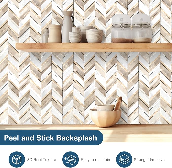 Yipscazo 10-Sheet Herringbone Backsplash Peel and Stick Tile, Beige Mixed Gray Stone Mixed Metal Gold PVC Stick on Backsplash for Kitchen, Waterproof Self Adhesive Wall Tiles for Bathroom