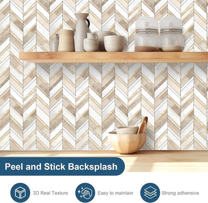 Yipscazo 10-Sheet Herringbone Backsplash Peel and Stick Tile, Beige Mixed Gray Stone Mixed Metal Gold PVC Stick on Backsplash for Kitchen, Waterproof Self Adhesive Wall Tiles for Bathroom
