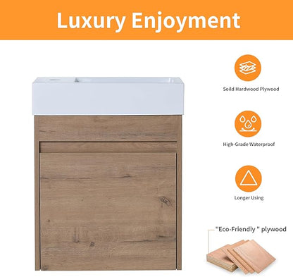 18" Bathroom Vanity with Sink Combo, Wall Mounted Floating Vanity Cabinet for Small Bathroom, Soft-Close Door, Ight dern Farmhouse Vanity with Waterproof Plywood