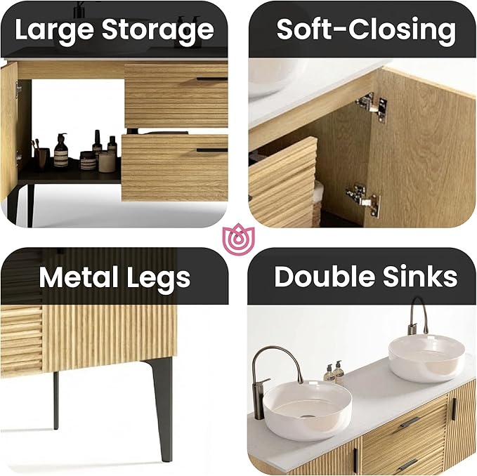 60" Double Bathroom Vanity with Sink Combo, Mid-Century Modern Bath Cabinet with 2 Doors & 2 Drawers, Large Storage for Bar, Hotel, Apartment, Natural Oak