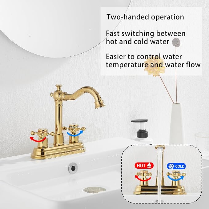Bathroom Faucet Polished Gold GGStudy 2 Handles 4 Inches Centerset Bathroom Vanity with Drain Assembly and Supply Hose Lavatory Faucet Mixer Double Handle Tap