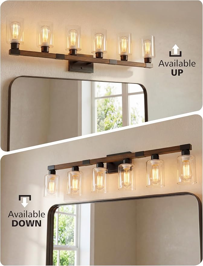 VOLISUN Farmhouse Bathroom Vanity Light Fixtures, 6 Light,UL Certificated | 6 Light Bathroom Vanity Lights Over Mirror, Rustic Vanity Light for Bathrooms,Wood Bathrooms Lights Fixtures Over Mirror