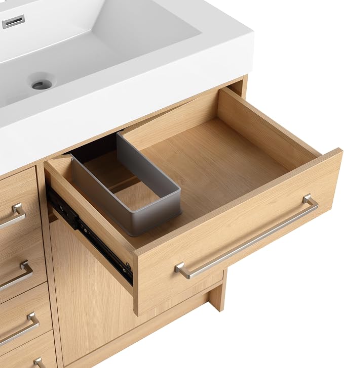 60" Freestanding Bathroom Vanity with Sink | 2 Soft Closing Doors & 6 Drawers Freestanding Vanity with Double Resin Sink, Original Oak Plywood (KD-PACKING)