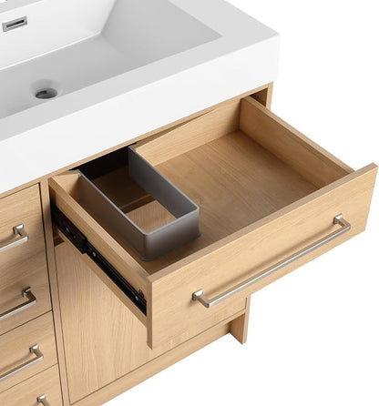 60" Freestanding Bathroom Vanity with Sink | 2 Soft Closing Doors & 6 Drawers Freestanding Vanity with Double Resin Sink, Original Oak Plywood (KD-PACKING)