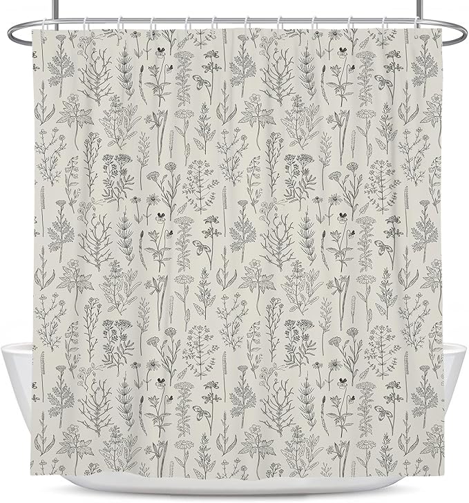Coxila Vintage Floral Shower Curtain Beige Cream Retro Flower Farmhouse Spring Rustic Country Ivory Botanical Plant Nature Cottagecore Boho Cute Bathroom 60 x 72 Inch Polyester Fabric 12 Pack Hooks