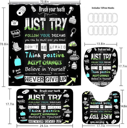 AZHM Black Inspirational Quotes and Positive Phrases Pattern Shower Curtain Set for Bathroom 4 Pcs Whimsical Design Bathroom Accessory Decor Sets with Shower Curtain and Rugs