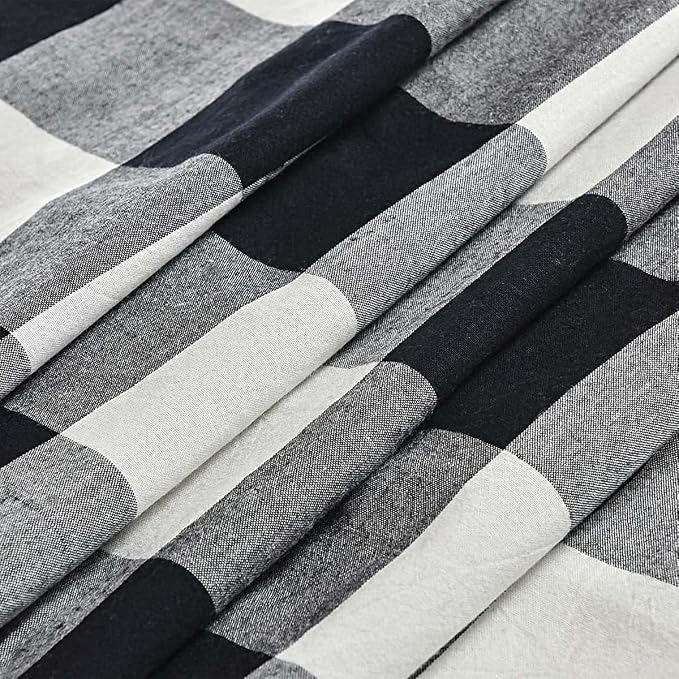 DOSLY Ides Linen Button Farmhouse Shower Curtain, Linen and Cotton Fabric, Pleated Black and White Buffalo Plaid Checked Pattern, Country Style, 72x72 in