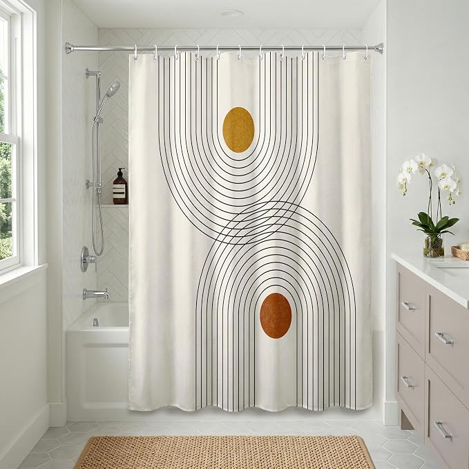 Americanflat 71x74 Boho Shower Curtain - Water-Resistant Long Shower Curtain with Durable Metal Grommets and 12 Hooks - 100% Polyester - Black, Mustard Yellow, Terracotta and Beige