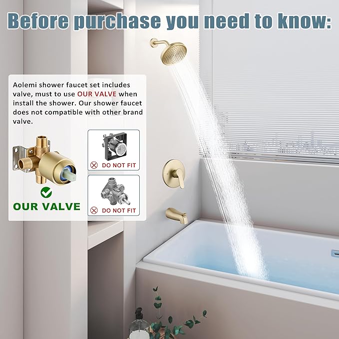 Aolemi Tub Shower Faucet Set With Valve Wall Mount Shower Trim Kit 6 Inch Bathtub Fixtures Rough-in Valve Single-Spray Shower Head System 5.3 Inch Tub Spout Brushed Gold Modern