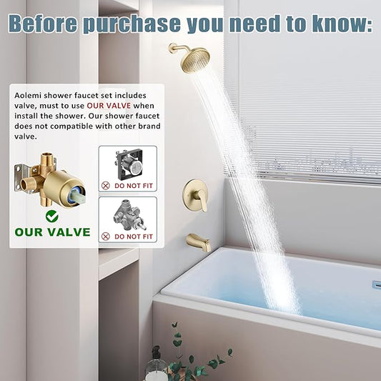 Aolemi Tub Shower Faucet Set With Valve Wall Mount Shower Trim Kit 6 Inch Bathtub Fixtures Rough-in Valve Single-Spray Shower Head System 5.3 Inch Tub Spout Brushed Gold Modern