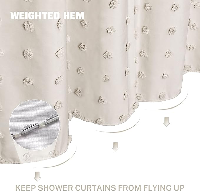 Boho Farmhouse Beige Shower Curtain Woven Fabric Cute Stall Shower Curtain, 60 x 72 Tufted Pleat Floral Textured Modern Farmhouse Minimalist Shower Curtain Set with Hooks for Bathroom