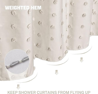 Extra Long Beige Boho Shower Curtain Woven Fabric Cute Shower Curtain, 72 x 96 Tufted Pleat Floral Puffs Textured Modern Farmhouse Minimalist Shower Curtain Set with Hooks for Bathroom