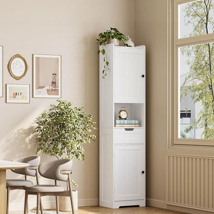LIKIMIO Tall Bathroom Storage Cabinet with Lights, 2 Doors and 1 Drawer | Narrow Bathroom Storage Cabinet with Adjustable Shelves, 2 Hook, Slim Freestanding Cabinet for Small Space, 15.7" Wide, White