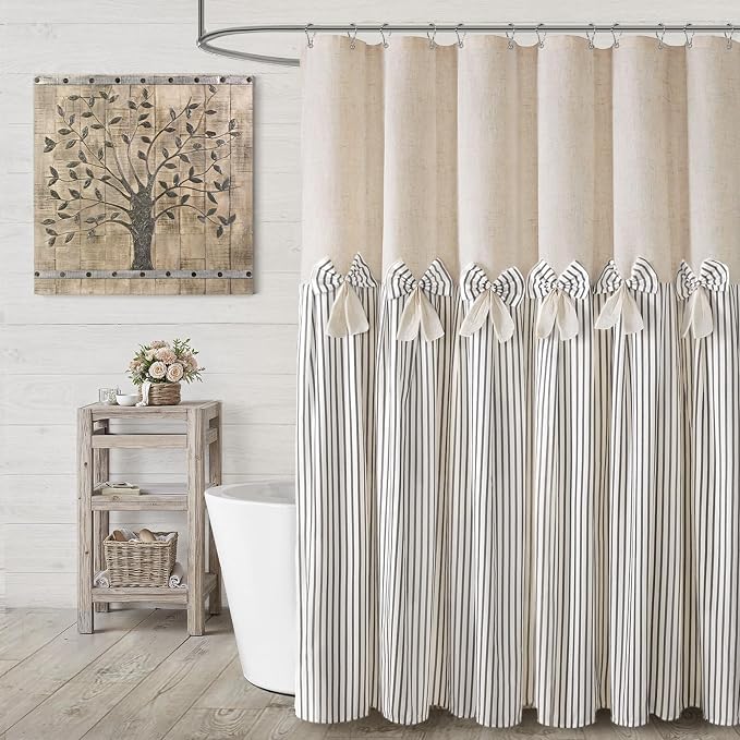 Farmhouse Shower Curtain Linen Bow Pleated Grey Stripe 72"W x 78"L | Farmhouse Style, Chic Bow, Striped, Linen Fabric, Rustic, Country, Natural Look, Washable, for Bathroom Bathtub
