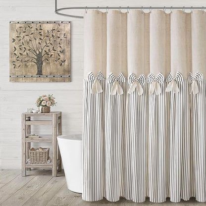 Farmhouse Shower Curtain Linen Bow Pleated Grey Stripe 72"W x 78"L | Farmhouse Style, Chic Bow, Striped, Linen Fabric, Rustic, Country, Natural Look, Washable, for Bathroom Bathtub