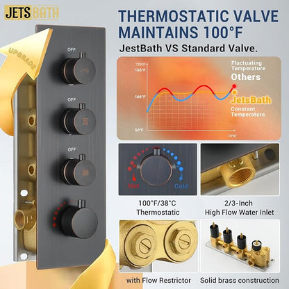 Thermostatic Dual Rainfall Head Oil Rubbed Bronze Shower System | Ceiling Mounted Full Body Shower Faucet Set with Thermostatic Valve for Couples/ 2-Person，16“+6”Shower Head & handheld