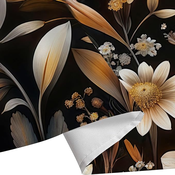 GOAOK Retro Rustic Floral Shower Curtain Boho Black and Gold Bathroom Decor, Vintage Dark Flowers Wildflower Plant Farmhouse Shower Curtain with Hooks Cute Aesthetic Bathroom Accessories Set, 72X72