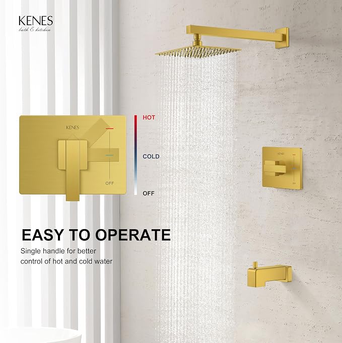 KENES Brushed Gold Shower Set with Tub Faucet, Square Tub Shower Faucet Set | Shower Faucet with 10-Inch Rain Shower Head, Square Shower System, Valve Included, Lead-Free cUPC & NSF Certified, Stainless