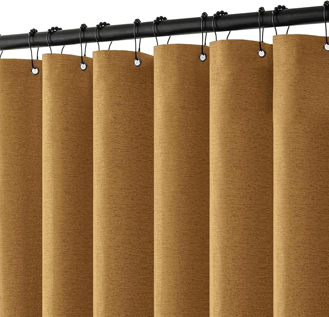 MIULEE 72 x 84 Extra Long Linen Shower Curtain Gold 12 Metal Hooks | Washable, Heavy Fabric Curtain Set, Waterproof Thick Cloth Shower Curtains, Bathroom Hotel Bathtub