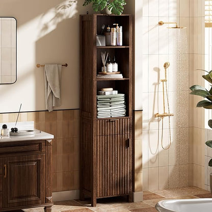 VINGLI 68" Tall Narrow Bathroom Storage Cabinet, Slim Freestanding Floor Cabinet with Fluted Door & Drawer, 12 Inch Deep Skinny Wood Organizer for Small Spaces, Kitchen & Living Room, Dark Walnut