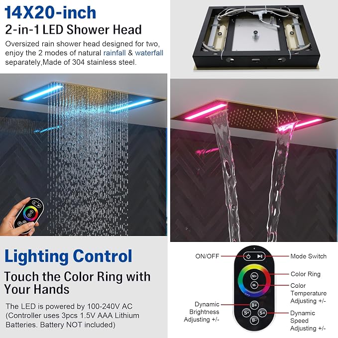 ENGA Bright Gold Shower System with Body Jets, 2 In 1 Functions Ceiling Mount 14x20inch LED Shower Head with 4 Body Jets, Rainfall Waterfall Shower Faucet Set