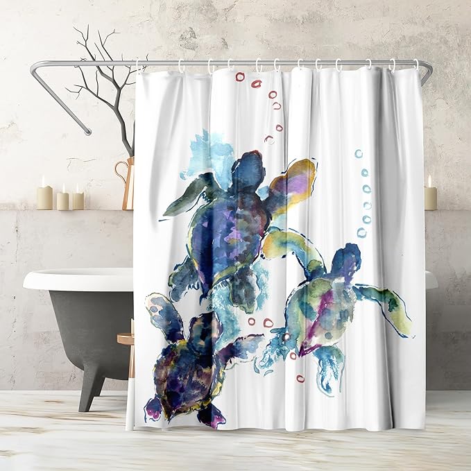 Americanflat 71x74 Sea Turtle Shower Curtain - Water-Resistant Long Shower Curtain with Durable Metal Grommets and 12 Hooks - 100% Polyester - Blue, Purple, Green and White
