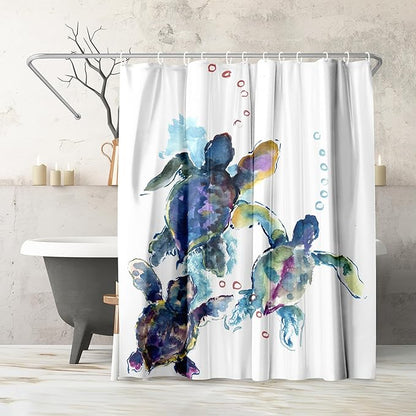 Americanflat 71x74 Sea Turtle Shower Curtain - Water-Resistant Long Shower Curtain with Durable Metal Grommets and 12 Hooks - 100% Polyester - Blue, Purple, Green and White