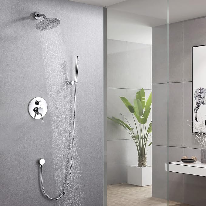 SUMERAIN Bathroom Rain Shower System with 8" Rain Shower Head | Wall Mounted, Brass Hand Shower, Rough in Valve Included, Concealed Box Design, Easy to Maintain and Install