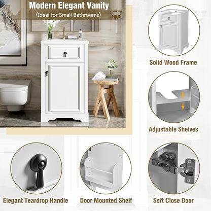 Merax Modern 20'' Bathroom Vanity with Single Sink Combo, Solid Wood Bathroom Storage Cabinet with Soft Close Door & Adjustable Shelf, Freestanding Vanities Set with Door-Mounted Storage Rack, White