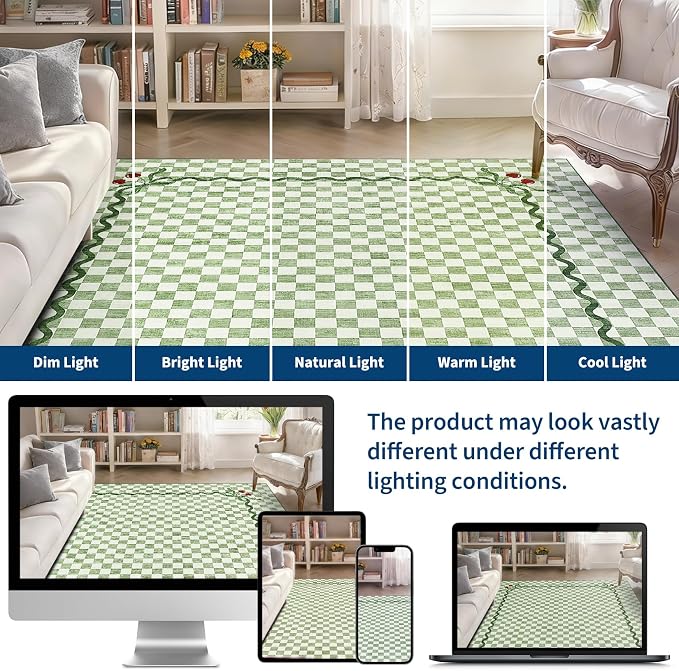 Garvee Washable Sage Green 10x13 Area Rug for Living Room Checkered Cherry | Coquette Large Non Slip Soft Bedroom Rugs Large Low Pile Stain Resistant Carpet for Nursery Dining Room Classroom